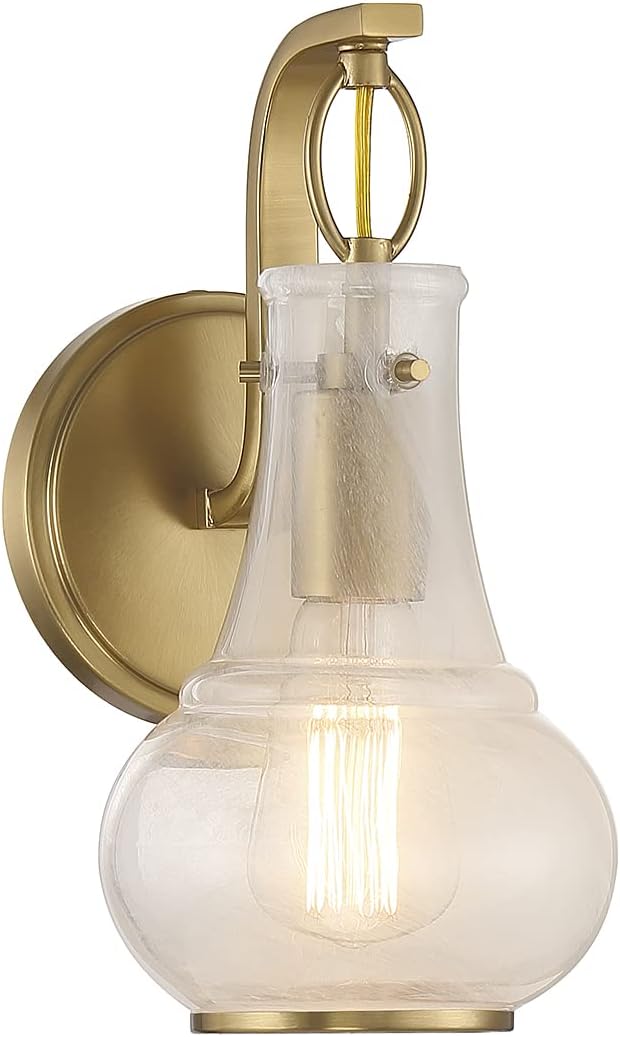 Savoy House 9-4417-1-322 Adams Modern Vintage Traditional White Strie Glass Wall Sconce, 1-Light 60 Watt, 11" H x 7" W, Warm Brass