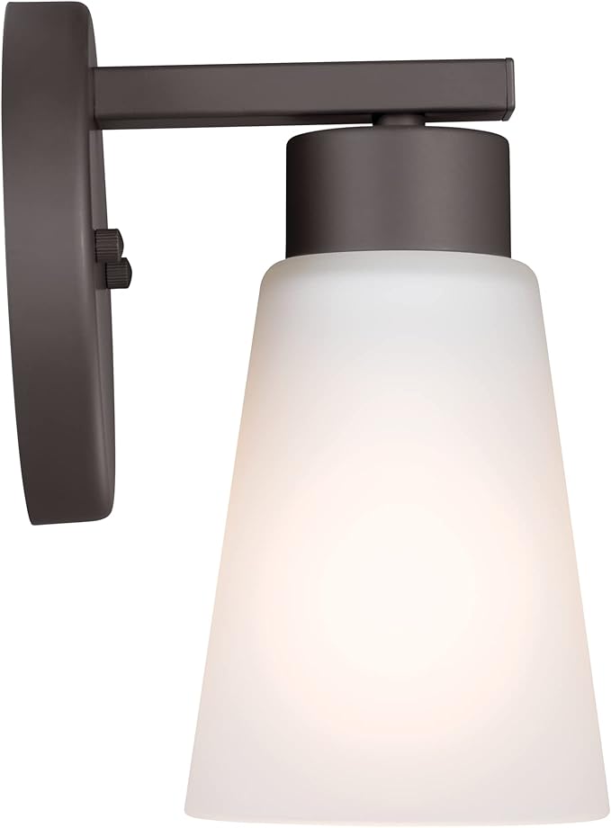 Kichler Stamos Wall Sconce 1-Light with Satin Etched Glass, Modern Bathroom or Hallway Light in Olde Bronze®, (8" H x 5" W x 6" D)