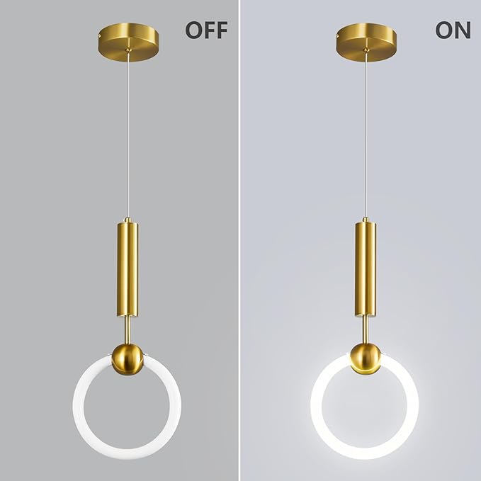 Modern LED Pendant Light Fixtures, Simplicity Gold Pendant Lighting,Circular Hanging Chandelier for Kitchen Island Dining Room Bedroom Entryway Hallway(Gold 1-Pack)