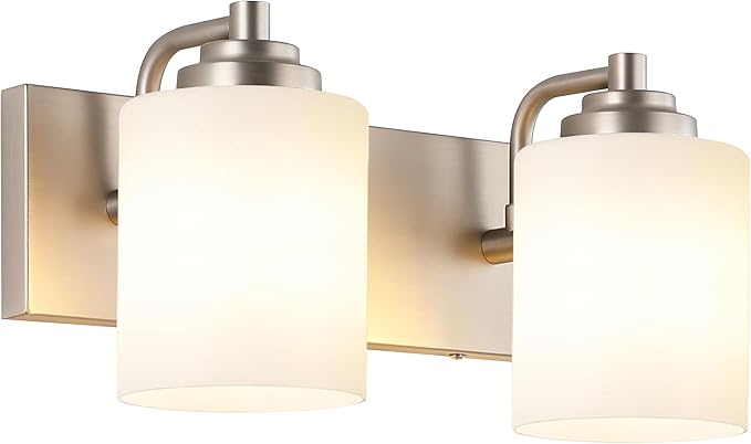 SOLFART Brushed Nickel 2 Light Vanity Lights for Bathroom, Milky Glass Shade Vintage Wall Sconce, Modern Bathroom Light Fixture Over Mirror, Easy to Install High-End Vanity Light (Bulbs Not Included)