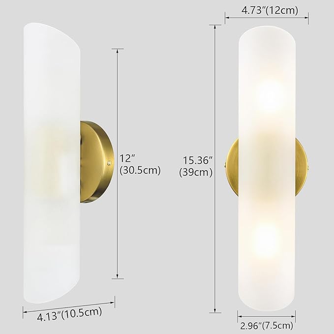 DAYCENT Modern Brass Wall Sconces Set of Two Frosted Glass Wall Light Fixture 2-Light Cylinder Bathroom Vanity Lights Gold Glass Sconces Wall Lighting for Hallway Bedroom Staircase
