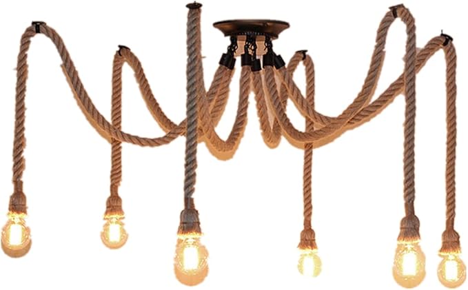 Pendant Light Hemp Rope Chandelier Vintage Ceiling Light Industrial Iron Metal Ceiling Lamp Edison E27 Loft Retro Style 6 Heads