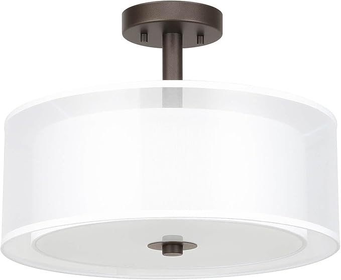 XiNBEi Lighting Semi Flush Mount Ceiling Light, 3 Light Drum Semi Flush Light, 16" Close to Ceiling Light with Fabric Shade in Dark Bronze for Living Room & Bedroom XB-SF1194-DB