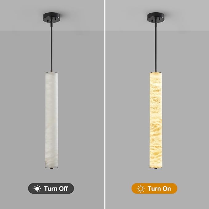 LMQNINE Natural Alabaster Pendant Lights White Marble 24" Long Tube Adjustable Boom Chandelier Modern 3000K Black Ceiling Light for Kitchen Island Bedroom Dining Room Living Room Hallway(M-1Pack)