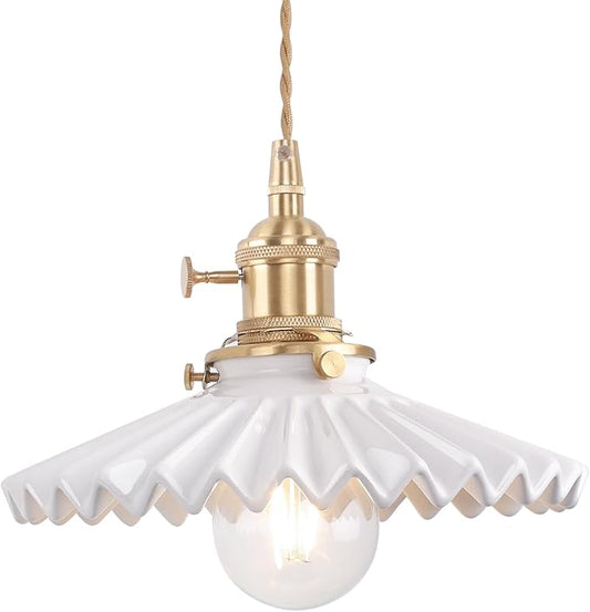 Shenmoyl Pendant Light with White Pleated Ceramic Lmapshade, Brass Vintage Pendant Light Adjustable Hanging Light for Kitchen Island Dining Room Hallway