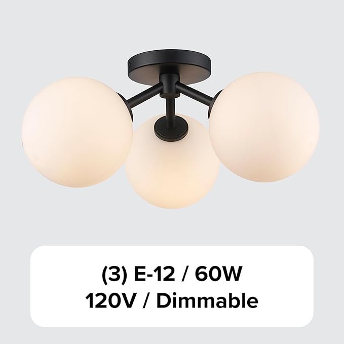 Prismara 16 Inch 3-Light Ceiling Light | Satin Black Finish with Opal Glass Shades | Uses 3 E-12 Candelabra Base Dimmable Bulbs | Modern Flush Mount Light (Black)