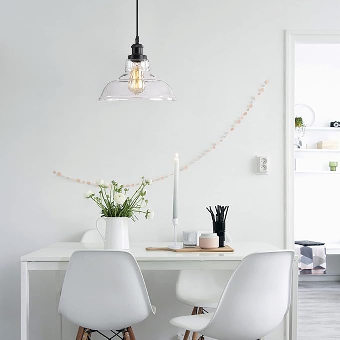 GLADFRESIT Industrial Pendant Lights, Vintage Hanging Light Over Table, Clear Dome Glass Lampshade, Black Lamp Head and Base, Adjustable Hanging Height Lighting Fixtures