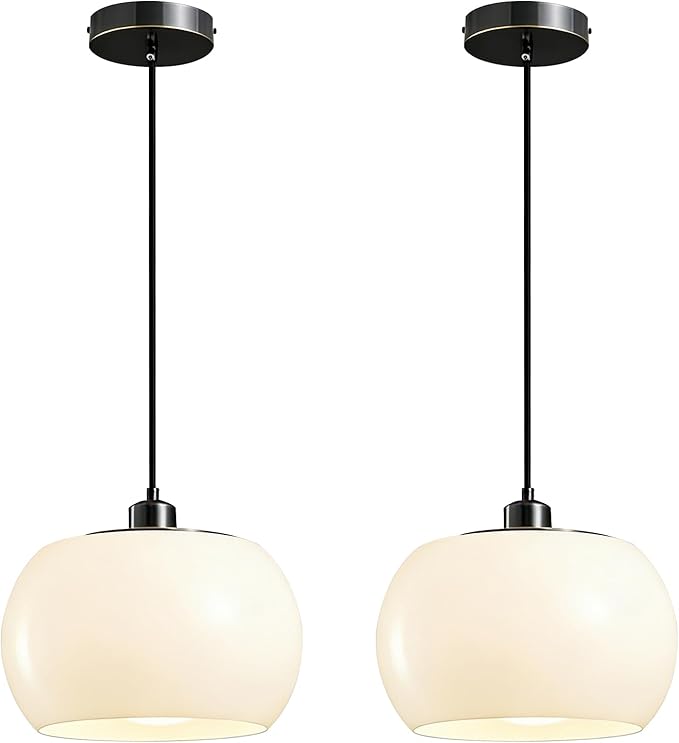2 Pack Black Vintage Pendant Lights 1-Light Flush Mount Chandelier White Glass Ball Shade Kitchen Island Light for Hallway Dining Room, Globe Pendant Fixtures