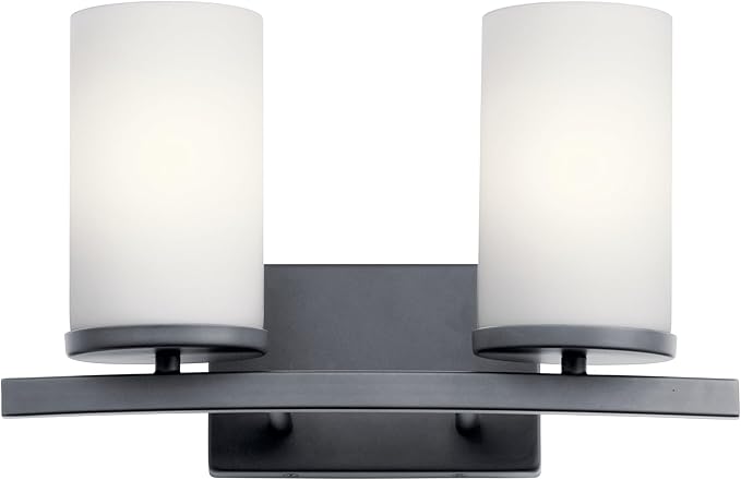 Kichler Crosby 2-Light Bathroom Vanity Light Fixture, Modern Black Wall Mount Lighting with Satin Etched Cased Opal Glass, 15 in x 8.75 in Dimensions, 200W Total, 45496BK