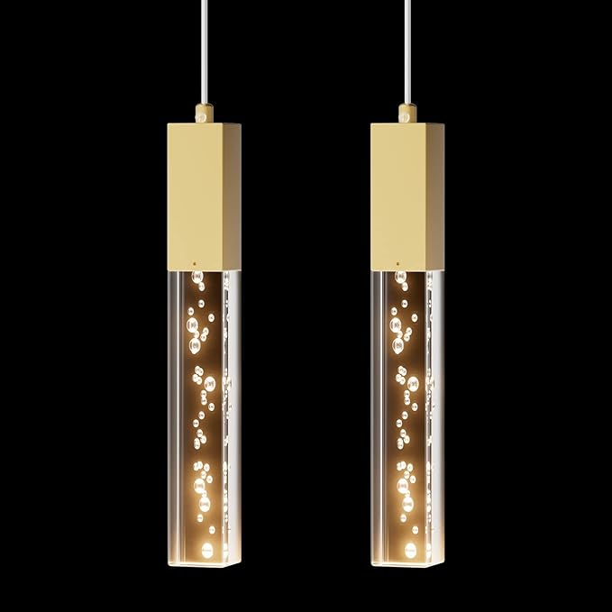 Brass Pendant Lights Kitchen Light Fixture Dimmable Integrated LED Modern Pendant for Kitchen Island Mini Crystal Pendant Light for Bathroom Bedroom 3000K Warm Light(2-Pack)