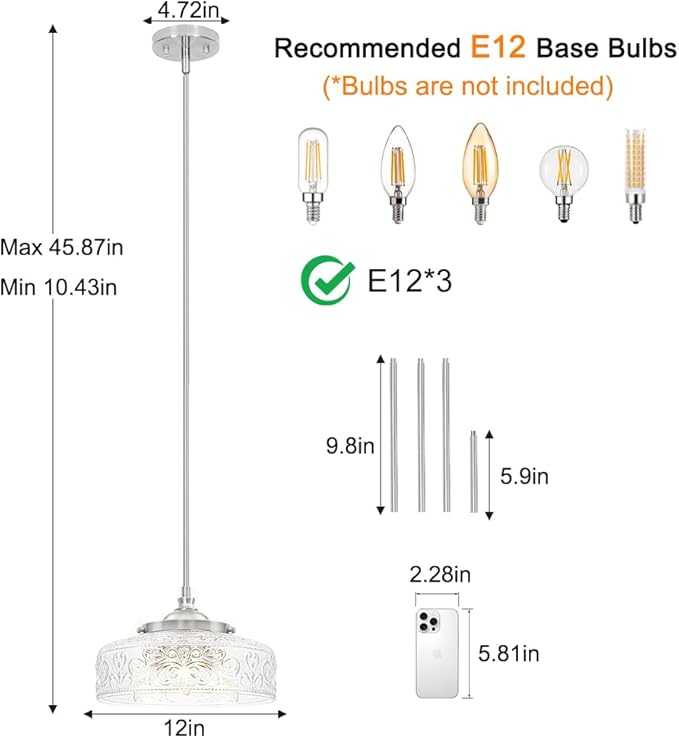 Brushed Nickel Pendant Light with Clear Glass Lampshade, 3-Light Adjustable Pendant Lights Kitchen Island, Vintage Kitchen Pendant Light Ceiling Hanging Lights for Dining Room Hallway Bathroom, E12*3