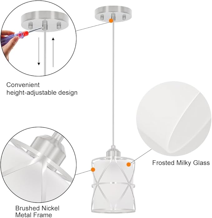 2 Pack Brushed Nickel Pendant Lights for Kitchen Island, Pendant Lights Kitchen Island with 5.51in Frosted Glass Shade, Adjustable Modern Hanging Lights - 59.06 Inch Cord for Dining Room, Entryway