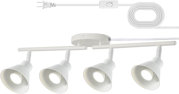 4 Light Plug in Track Lighting Kit,Modern Plug in Ceiling Light Fixture,16.4ft Cord,4 Way Ceiling Spot Lighting,Flexibly Rotatable Light Head (White)