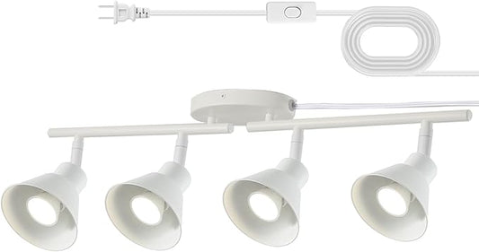 4 Light Plug in Track Lighting Kit,Modern Plug in Ceiling Light Fixture,16.4ft Cord,4 Way Ceiling Spot Lighting,Flexibly Rotatable Light Head (White)
