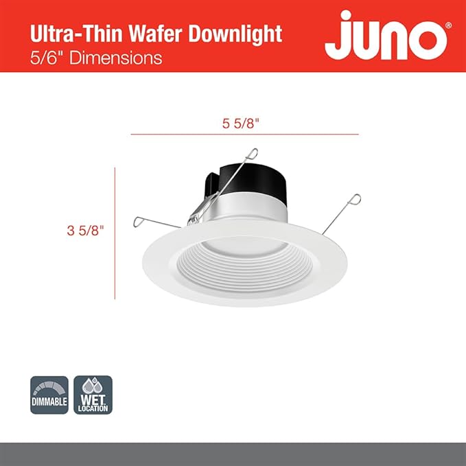 Juno E Series 5"/6" LED Ceiling Light, Baffle Trim Recessed Lighting with 5-in-1 Switchable White Color, 1200 Lumens for High Ceilings, Wet Rated LED Downlight, Dimmable, White, 6-Pack