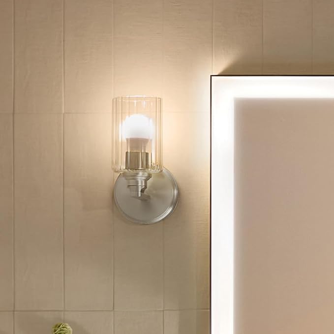 Kichler Gioe 5" 1-Light Wall Sconce with Clear Fluted Glass in Brushed Nickel, Damp Rated, for Powder Room, Kitchen, Hallway, Bedroom, Fireplace, (5" W x 9.5" H), 55224NIFLU