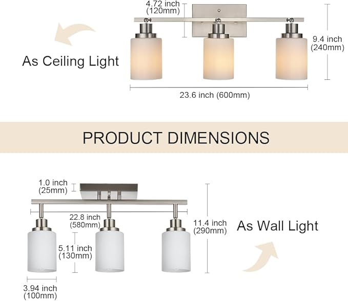 TODOLUZ Track Lighting Fixtures Ceiling, 3-Lights Brushed Nickel Wall Ceiling Spot Lighting with Opal White Glass, E26 Bulb Base