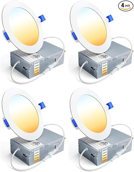 4 Pack 4 Inch LED Recessed Light, Dimmable, Damp Rated, 5CCT Selectable, 9W 750LM, 120V, Silm Canless Wafer Ceiling Light, ETL&FCC