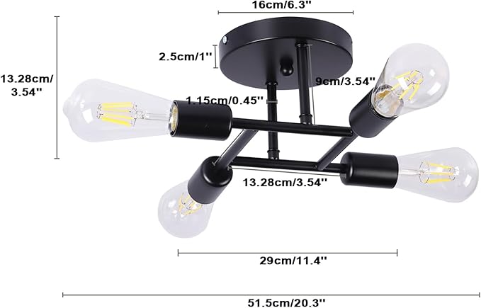Finktonglan 4-Light Semi Flush Mount Ceiling Light, Matte Black Sputnik Ceiling Light Fixture, Modern Farmhouse E26 Chandelier for Kitchen, Dining Room, Bedroom, Hallway