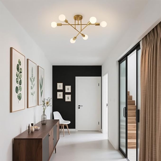 Semi Flush Mount Ceiling Light Fixture, 6 Lights Modern Sputnik Chandelier Ceiling Lamp with E26 Bulb Base, Light Fixtures Ceiling Mount for Bedroom Kitchen Living Room Hallway (Gold)