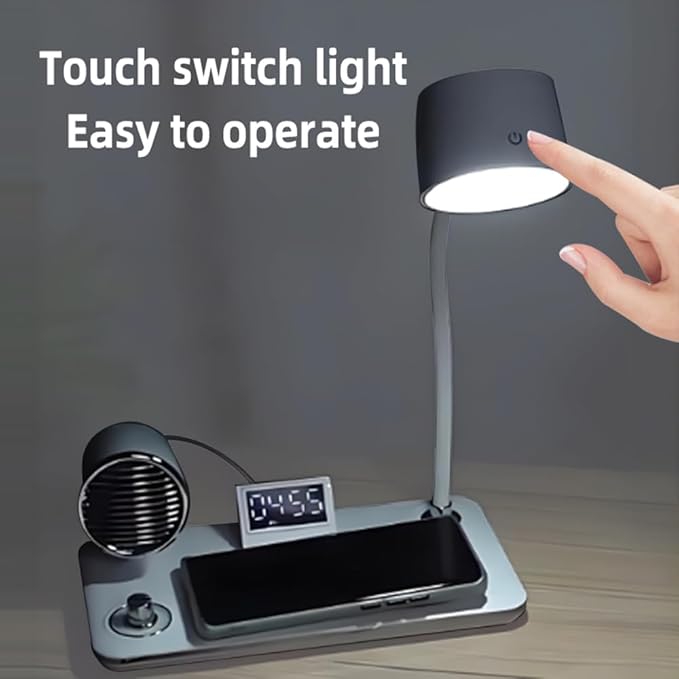 IHAO Smart LED Desk Lamp with Wireless Charger & Bluetooth Speaker, 15W Fast Charging Station for Phone & Earbuds Touch Control 3 Light Modes Alarm Clock Adjustable Eye-CareTable Lamp-HYT1772 Black