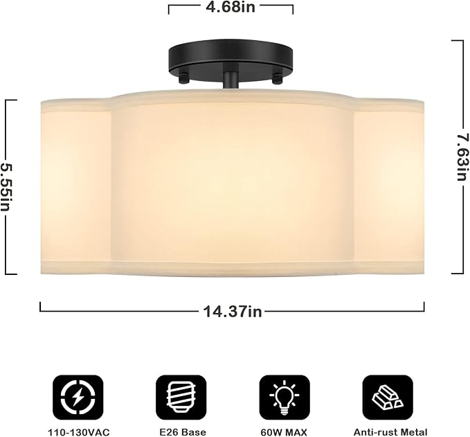 4-Light 14.4'' Semi Flush Mount Ceiling Light Fixture, Black Modern Close to Ceiling Lamp with White Fabric Shade, Farmhouse Bright Lighting for Nursery Kids Room Bedroom Hallway Entryway