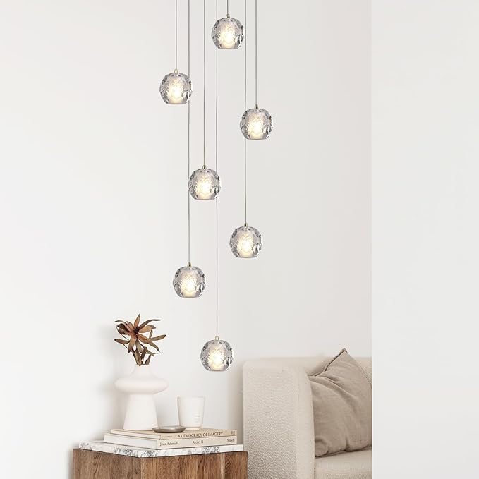 Brass Modern Chandelier, 7 Lights Bubble Crystal Pendant Light, 59" Long Chandelier Bubble Raindrop Chandelier Light Fixture for Entryway Foyer Staircase