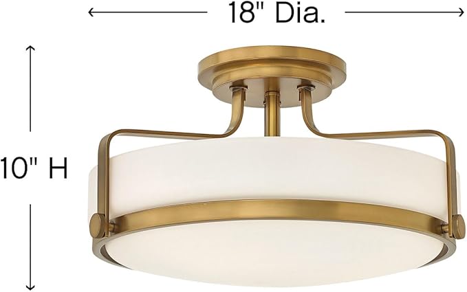 Hinkley Harper Medium Semi-Flush Mount Ceiling Light, Sleek, Retro Style, Etched Opal Glass, Heritage Brass Finish