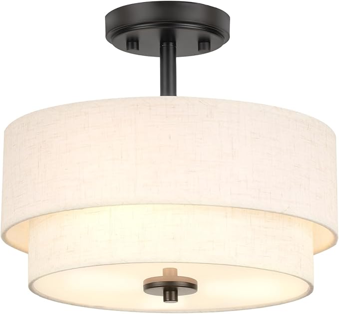 3-Light Semi Flush Mount Ceiling Light Fixture, 12.6" Black Drum Light with White Fabric Shade,Modern Close to Ceiling Light for Living Room Bedroom Dining Room Kitchen Hallway Entry Foyer