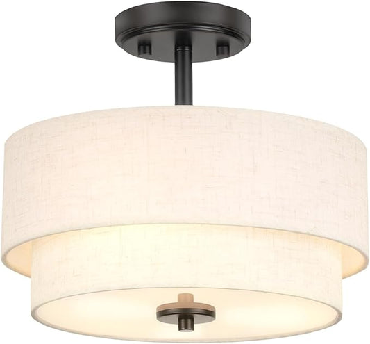 3-Light Semi Flush Mount Ceiling Light Fixture, 12.6" Black Drum Light with White Fabric Shade,Modern Close to Ceiling Light for Living Room Bedroom Dining Room Kitchen Hallway Entry Foyer