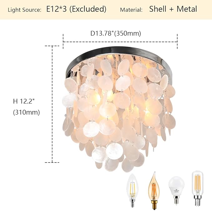 Capiz Flush Mount Ceiling Light, 3-Light Shell Light Fixtures Ceiling Light Fixtures for Living Room, Bedroom, Kitchen Island, Foyer, Entryway, Seashell Coastal, Chrome