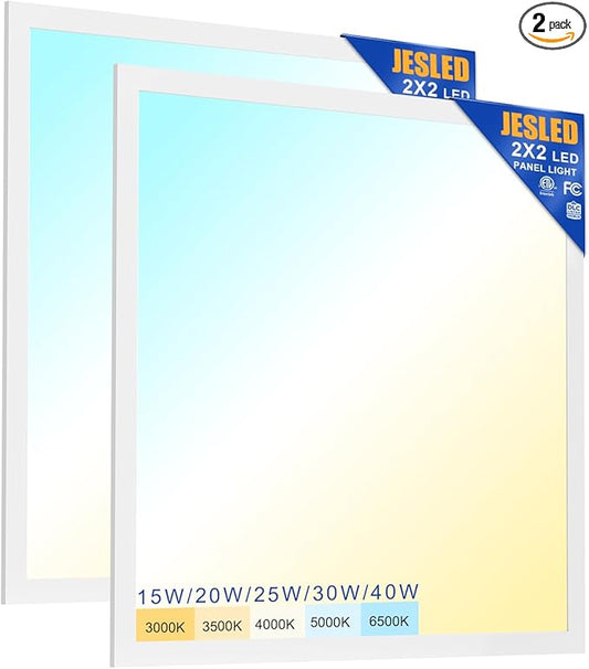 JESLED 2Pack 2x2 led Flat Panel Light, 6000LM, Drop Ceiling Lights Fixture for Office Kitchen Basement Laundry, 15W/20W/25W/30W/40W Selectable, 5CCT Switchable, 0-10V Dimmable, DLC ETL Listed