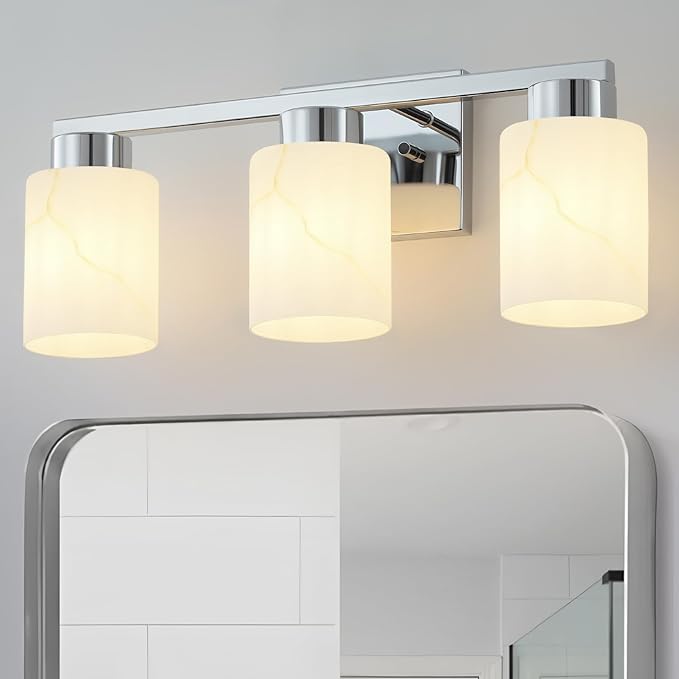 3-Light Bathroom Light Fixtures, Modern Vanity Lights, Chrome Metal Wall Lamp with White Marble Glass for Bathroom, Mirror, Living Room, Bedroom, Cabinet, Porch, Hallway, E26 Base