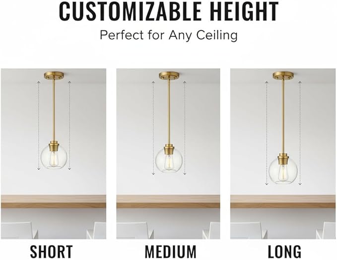 Gold Pendant Light – 7 Inch Clear Glass Farmhouse Hanging Fixture, Adjustable Height & Sloped Ceiling Compatible for Kitchen Island Dining Room Entryway Bedroom Hallway, 1 Pack