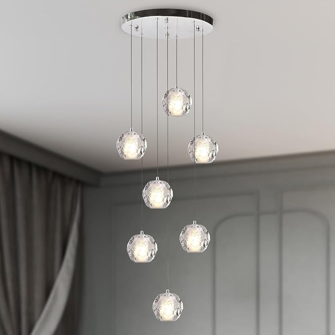 Cluster Pendant Light, Modern 7 Lights Chrome Crystal Chandelier, Bubble Raindrop Pendant Lighting 59" Long Light Fixture for Foyer Entryway Staircase