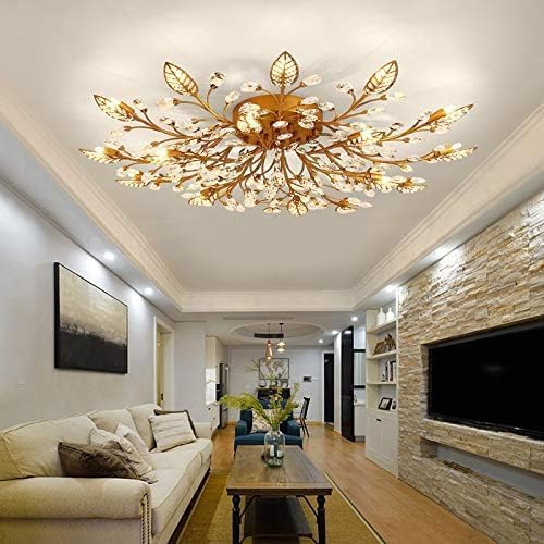 Modern Crystal Ceiling Light Fixture,Gold Semi Flush Mount Chandeliers,Crystal Leaf Ceiling Lighting,Pendent Lamp for Dining Room,Living Room,Bedroom