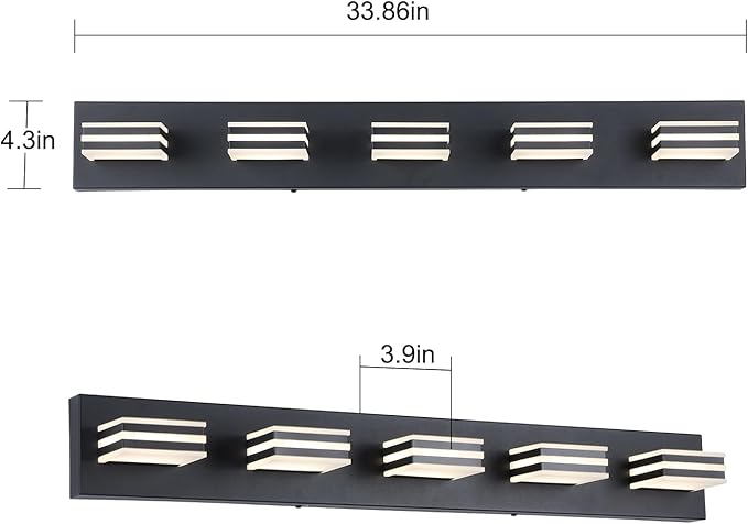 LED Wall Black Vanity Lights for Bathroom Light Fixtures 30W Adjust 3 Colors Modern Bath Lighing Over Mirror Acrylic Heads LED Vanity Light (5-Light,34inch)