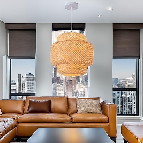Bamboo Pendant Light,15.75" Hand-Woven Boho Rattan Hanging Lamp,1-Pack Farmhouse Wicker Chandelier for Dining Living Bedroom Kitchen