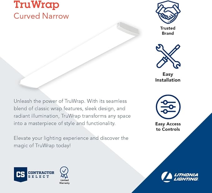 Lithonia Lighting TruWrap 4 Foot LED Ceiling Light Fixture, Low-Profile Wraparound LED Shop Light, Adjustable Lumens, Selectable Warm White/Cool White/Daylight Color, Curved Diffuser, Narrow Width