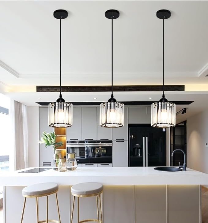 Rechargeable Wireless Battery Operated Pendant Light with Bulb & Remote, Battery Powered Pendant Lamp Cordless Crystal Glass Chandelier Ceiling Hanging Lighting for Kitchen Island Dining Table Bedroom