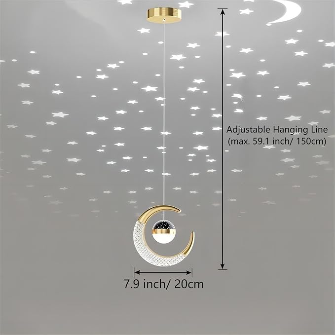 7.9 Inch Moon Shaped Star Bedside Chandelier, Acrylic Pendant Light, Modern LED Chandelier for Bedroom, Living Room - 2 Piece Set, Gold Warm Light