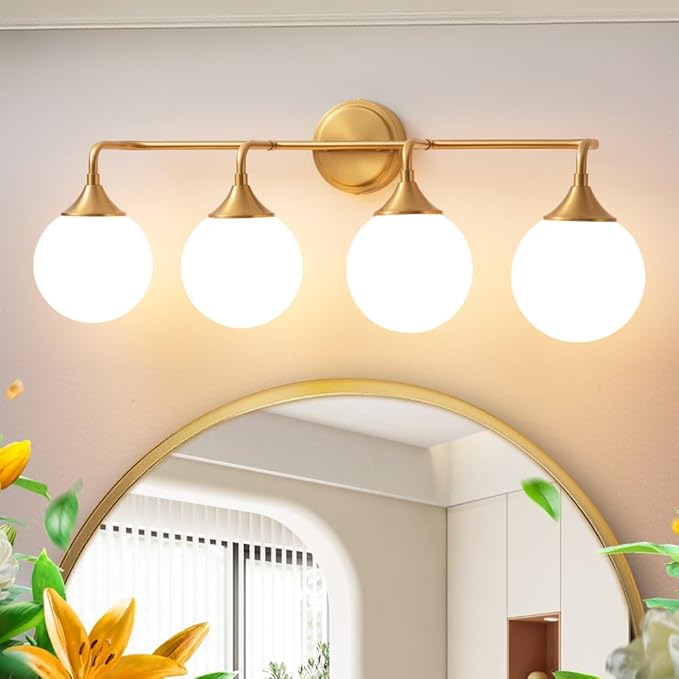 Gold Bathroom Light Fixtures, Modern Vanity Lights Over Mirror, Brushed Brass Wall Sconce Lighting 4-Light with Milky White Glass Ball Shades