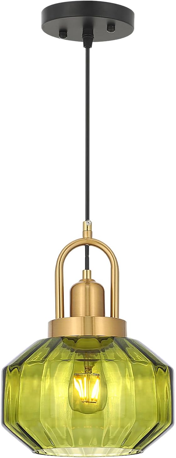 9in Mid Century Modern Green Glass Pendant Light Fixture, Small Gold Kitchen Island Pendants Light Glass Ceiling Hanging Lamp for Foyer Dining Room Bedroom Entryway Hallway Over Sink