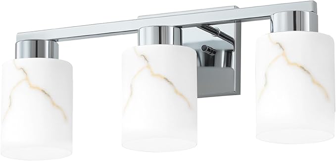 3-Light Bathroom Light Fixtures, Modern Vanity Lights, Chrome Metal Wall Lamp with White Marble Glass for Bathroom, Mirror, Living Room, Bedroom, Cabinet, Porch, Hallway, E26 Base