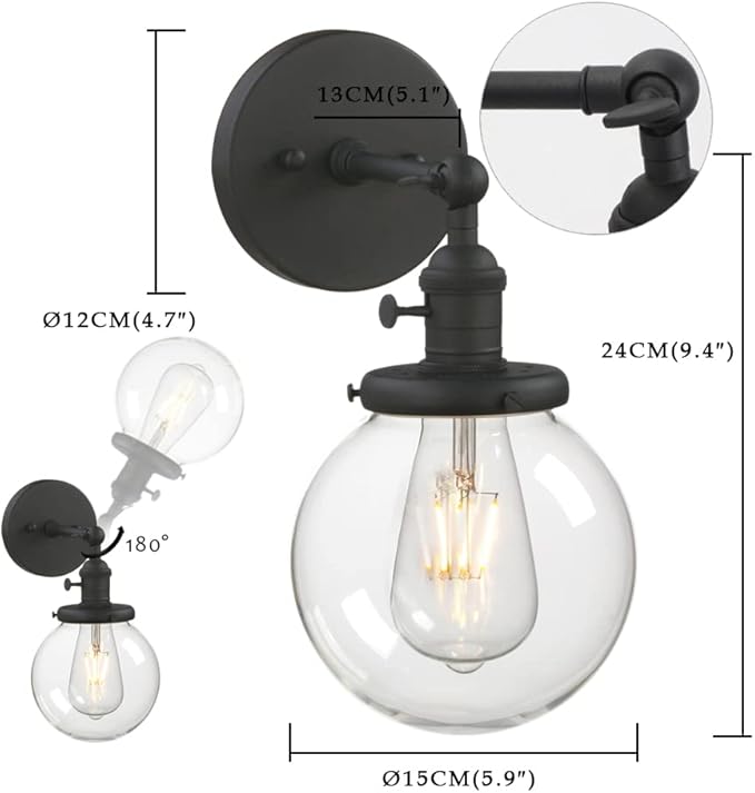 Phansthy Black Bathroom Light Fixture Single Industrial Wall Sconce with 5.9 Inches Globe Lampshade