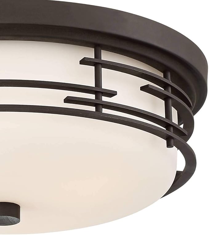 Franklin Iron Works Arden Modern Ceiling Light Flush Mount Fixture 14" Wide Bronze Brown Metal Frame White Glass Shade Decor for Bedroom Kitchen Living Room Family Hallway Bathroom House Dining