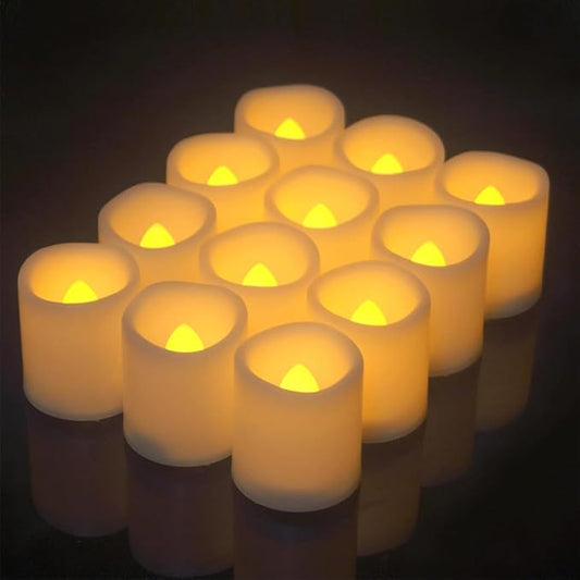 12 Pack Flameless Votive Candles Flickering Electric Fake Candles LED Battery Operated Tea Lights for Home Wedding Decor Party Table Halloween Christmas Decorations, Amber Yellow Glow
