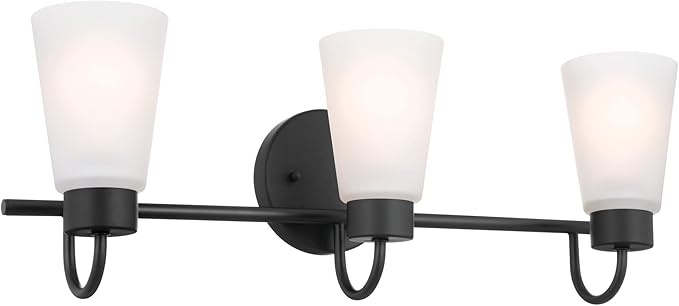 Kichler Erma 3-Light Bathroom Vanity Light Fixture with Satin Etched Glass Shades, Modern Traditional Wall Mount Lighting in Black for over Mirror (23 x 8.5 x 6 in), 45887BK
