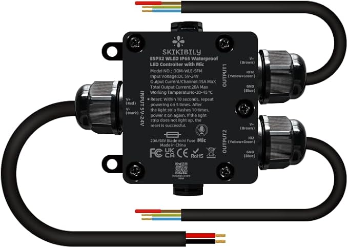 ESP32 WLED LED Controller with Mic for Music Sync, APP/Web Control, IP65 Waterproof, 5V/12V/24V WS2812B SK6812 WS2811 RGBIC Addressable LED Strip Lights, 20A Output Fuse Protection