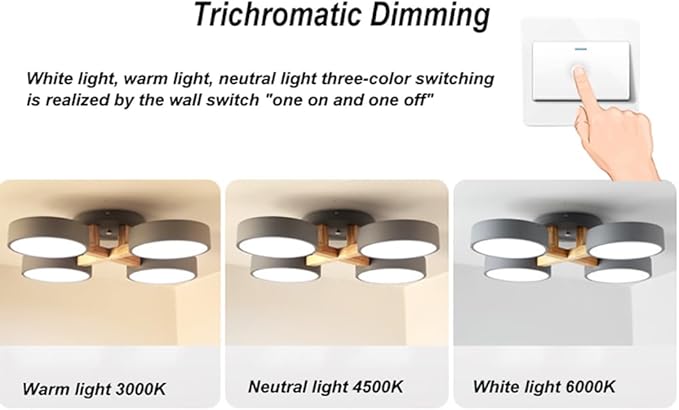 LED Ceiling Light Fixture,24 Inch 4-Lights Modern Ceiling Lights Flush Mount Wooden 44W Chandelier for Living Room Bedroom Kitchen,Dimmable 3000K/4000K/6000K Temperatures Selectable, Grey